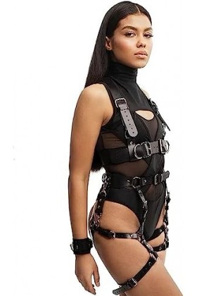 Cage Gothique Punk Ceinture en Cuir pour Femmes, Harnais Chaîne Sexy Harnais De Poitrine Ensemble De Lingerie Color : Black 