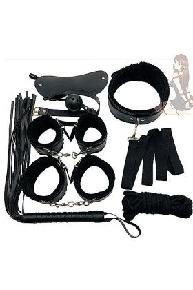 HUNTVE B D S M Costume Accessory Kit - 7 Piece Set with/Blindfold Necklace Handcuffs Ankle Cuffs Whip Noir 
