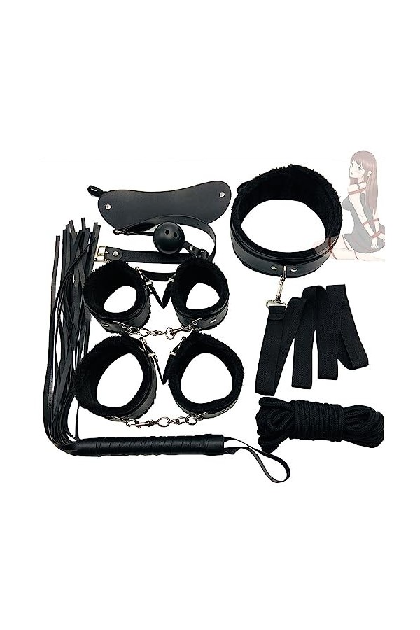 HUNTVE B D S M Costume Accessory Kit - 7 Piece Set with/Blindfold Necklace Handcuffs Ankle Cuffs Whip Noir 