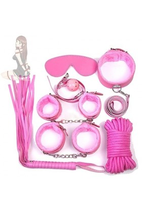 B D S M Costume Accessory Kit - 7 Piece Set with/Blindfold Necklace Handcuffs Ankle Cuffs Whip rose 