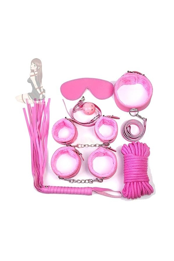 B D S M Costume Accessory Kit - 7 Piece Set with/Blindfold Necklace Handcuffs Ankle Cuffs Whip rose 