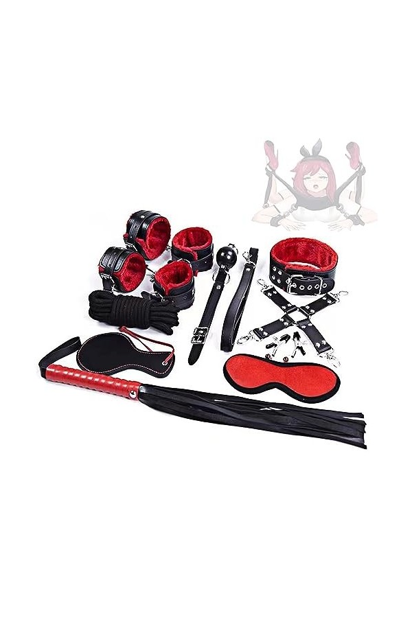 B D S M Costume Accessory Kit - 10 Piece Set with/Blindfold Necklace Handcuffs Ankle Cuffs Whip rouge 