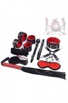 B D S M Costume Accessory Kit - 10 Piece Set with/Blindfold Necklace Handcuffs Ankle Cuffs Whip rouge 