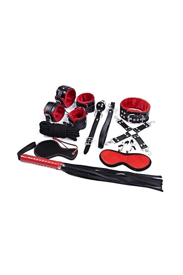 B D S M Costume Accessory Kit - 10 Piece Set with/Blindfold Necklace Handcuffs Ankle Cuffs Whip rouge 