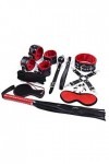 B D S M Costume Accessory Kit - 10 Piece Set with/Blindfold Necklace Handcuffs Ankle Cuffs Whip rouge 
