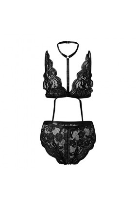liaddkv Lingerie sexy en dentelle pour femme - Soutien-gorge à lanières et culotte avec élastique ras du cou, Noir , XXXXL