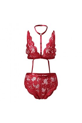 liaddkv Lingerie sexy en dentelle pour femme - Soutien-gorge à lanières et culotte avec élastique ras du cou, Noir , XXXXL