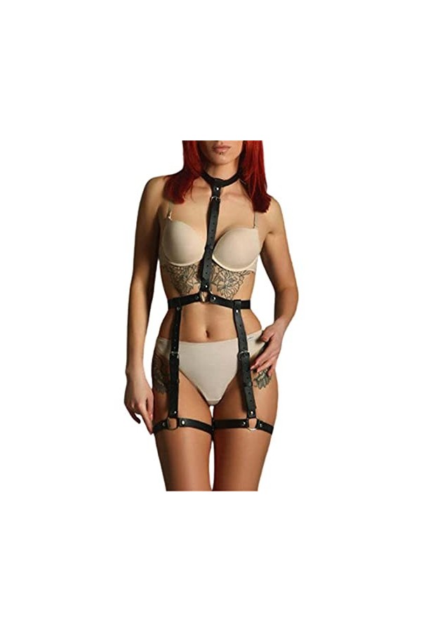 UTHTY Punk Taille Ceinture Corps chaîne Femmes Faux Cuir Harnais Rave vêtements Tour de Cou chaîne holographique Cage Ceintur