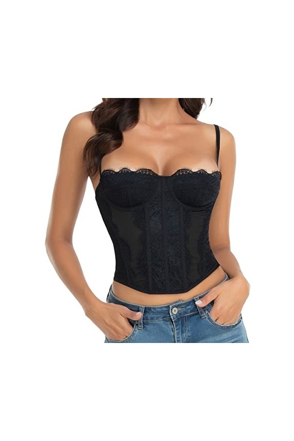 Corset en dentelle pour femme - Body sexy avec boucle, noir, Large