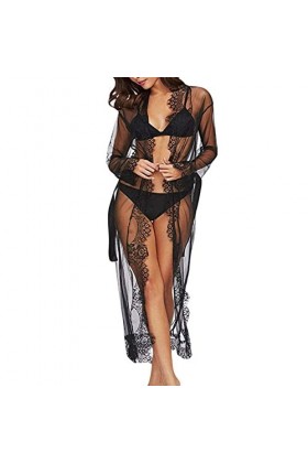 AKAZI Femmes Sexy Lingerie Babydoll Vêtements de Nuit Taille Ceinture Longue Chemise de Nuit Robe Noir XXL 
