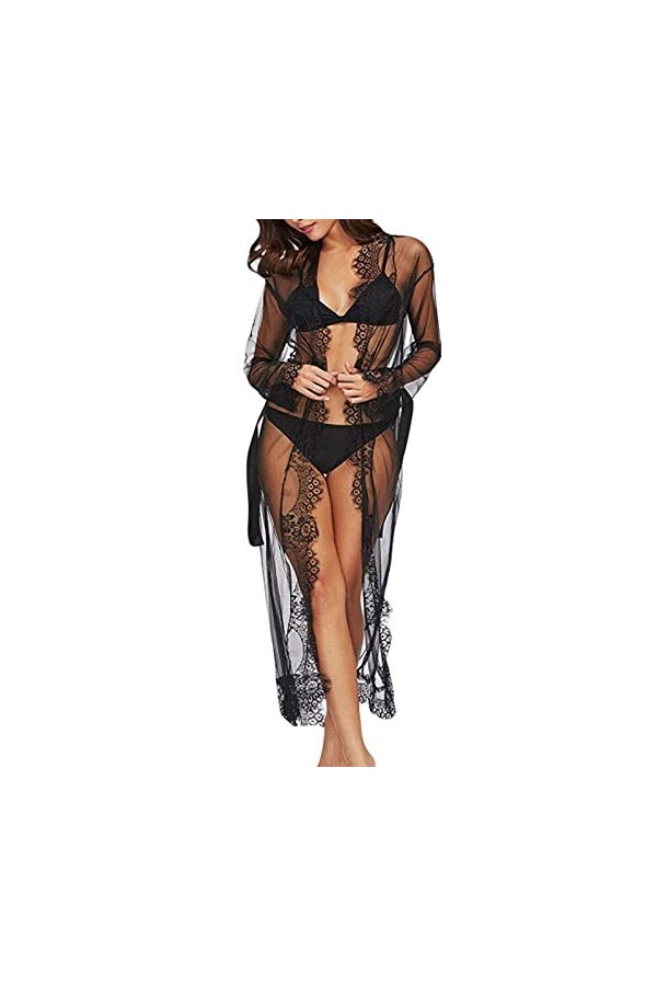 AKAZI Femmes Sexy Lingerie Babydoll Vêtements de Nuit Taille Ceinture Longue Chemise de Nuit Robe Noir XXL 