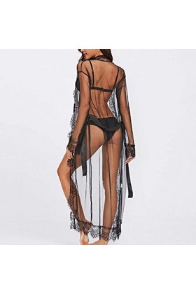 AKAZI Femmes Sexy Lingerie Babydoll Vêtements de Nuit Taille Ceinture Longue Chemise de Nuit Robe Noir XXL 