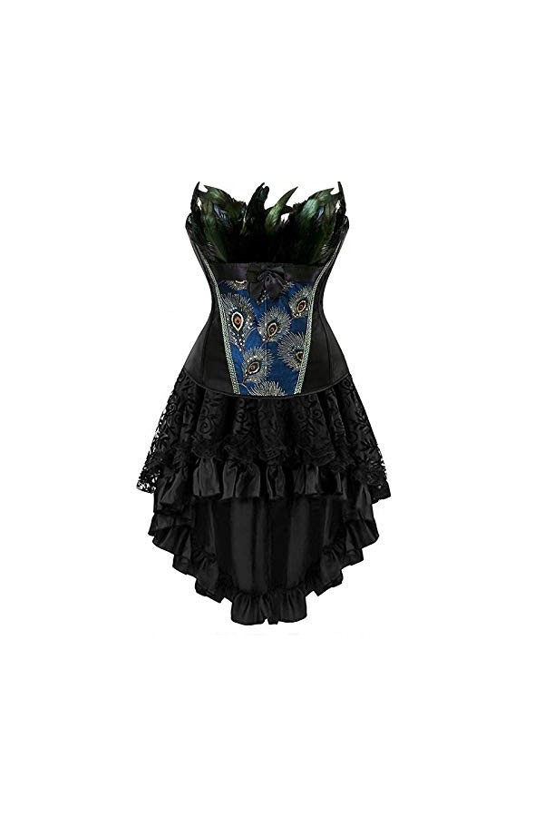 Corset Femme Robe Jupe Dress Set Sexy Bustier Plume De Paon Gothique Dentelle Halloween Costume Noir XL
