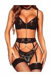 RSLOVE Lingerie Sexy avec Porte-jaretelle Ensemble Lingerie Femme 3 Pièces avec Collier Noir M