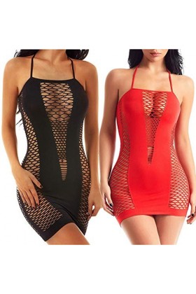 LOVELYBOBO 2-Pack Fond de Robe Femme Mini Robe en Résille V-orné Chemise de Nuit Jupon Elégant Courte Bretelle Réglable Noir