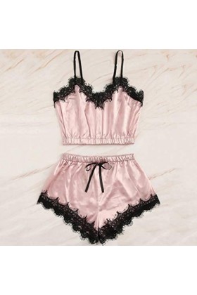 OBiQuzz Top sans manches en satin dentelle Sleepware Femmes Sangle Vêtements de nuit Pyjama Ensemble Lingerie Sexy Costume, R