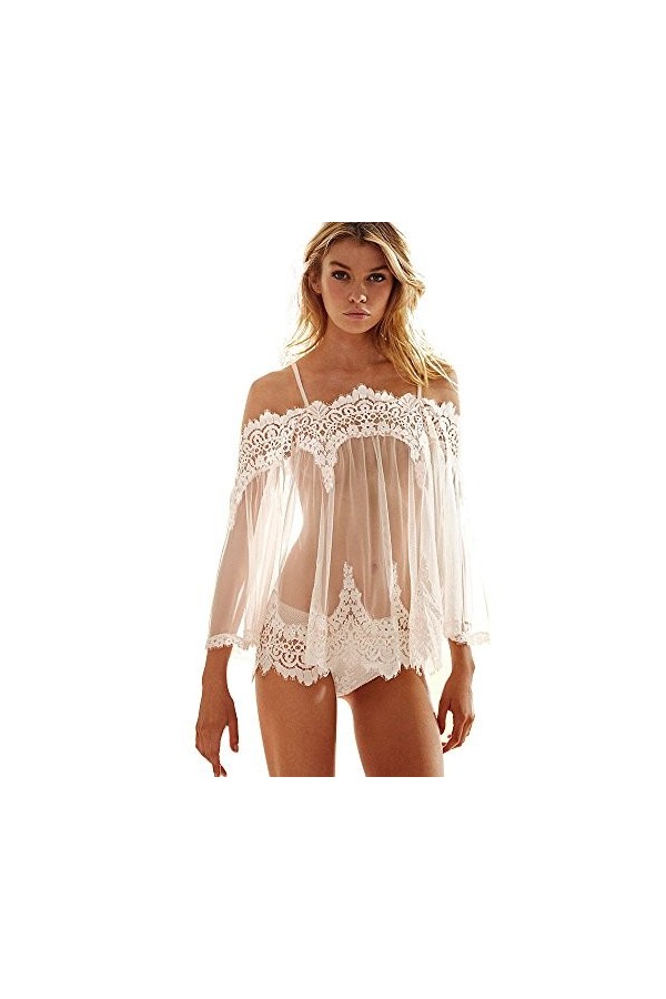 FGUUTYM Manteau Femme Sexy Pilule Pyjama Sous-vêtements Dentelle Vêtements de Nuit + G-string Femme Lingerie, Blanc., L
