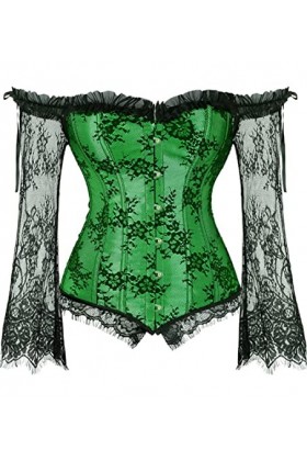 JozAdy Femmes Overbust Satin Lace Up Back Corset avec manches longues épaule grande taille, bleu, 22-24