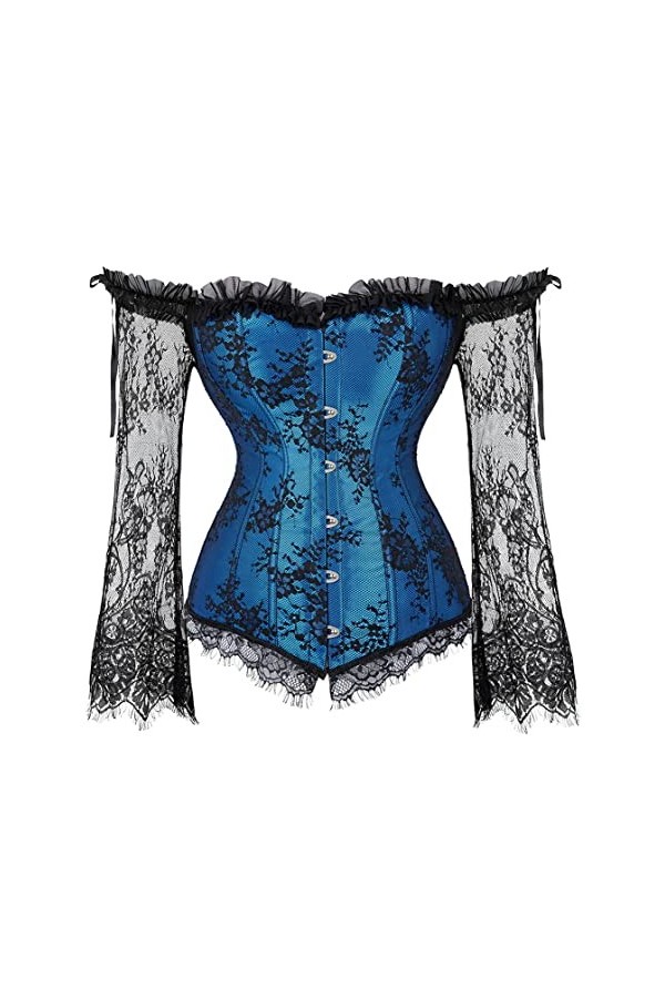JozAdy Femmes Overbust Satin Lace Up Back Corset avec manches longues épaule grande taille, bleu, 22-24