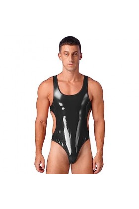 ranrann Body Homme Sexy String Ouvert Bodysuit Cuir Verni High Cut Combinaison Zipper Justaucorps Wetlook Lingerie Erotique J
