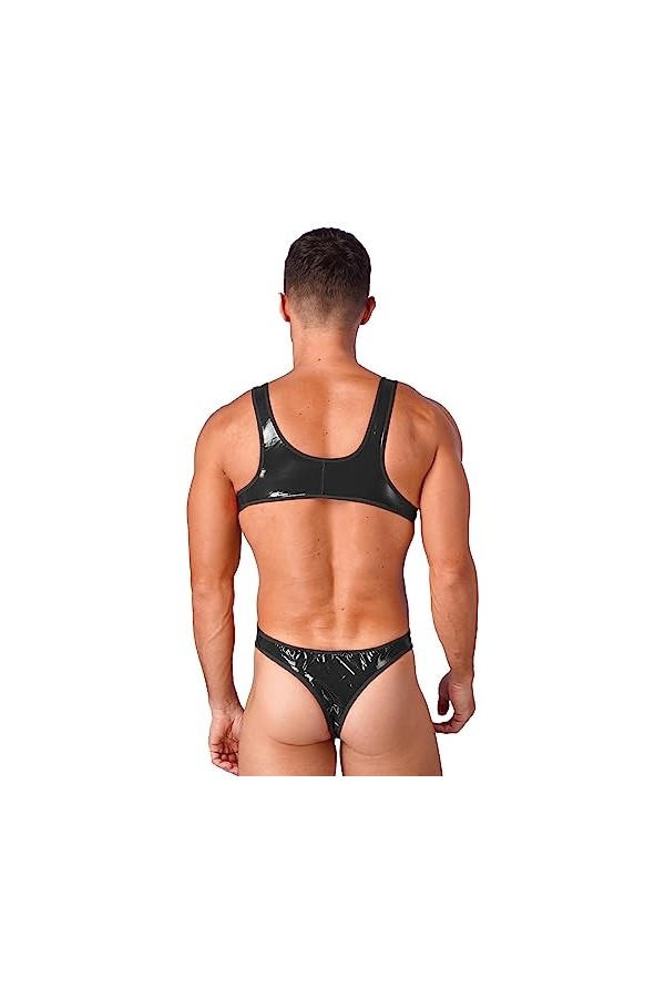 ranrann Body Homme Sexy String Ouvert Bodysuit Cuir Verni High Cut Combinaison Zipper Justaucorps Wetlook Lingerie Erotique J