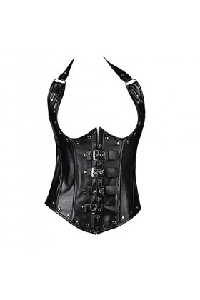 XUEFX Corset Femme ​Steampunk Bustier Cuir Artificiel Overbust Bordure MéTallique RivetéE Corsets ​Avec G-String Color : Bla