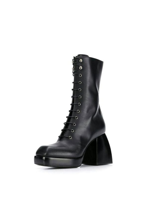 WOkismD 9CM / 3.54IN Femmes Semelle Épaisse Talon Épais Bottes Courtes Talon Haut Cheville Bottes Côté Zipper Moto Bottes Lac