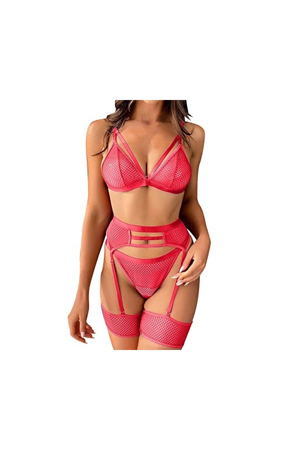 Noël 2023 – Ensemble de lingerie sexy en maille transparente avec soutien-gorge et culotte, vêtements de nuit deux pièces gra