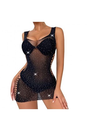 TDEOK Tenue en maille pour femme - Col en dentelle sexy - Sous-vêtements à manches longues - Lingerie - Gants, Noir , taille 