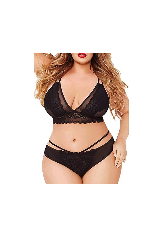 Ensemble de lingerie sexy en mousseline et dentelle pour le Nouvel An 2023, Noir , 3XL