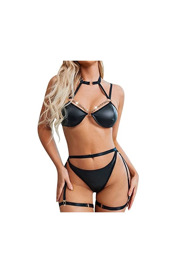 Ensemble de 3 ensembles de lingerie tendance pour femme avec harnais en cuir synthétique et anneau de main relié par une chaî