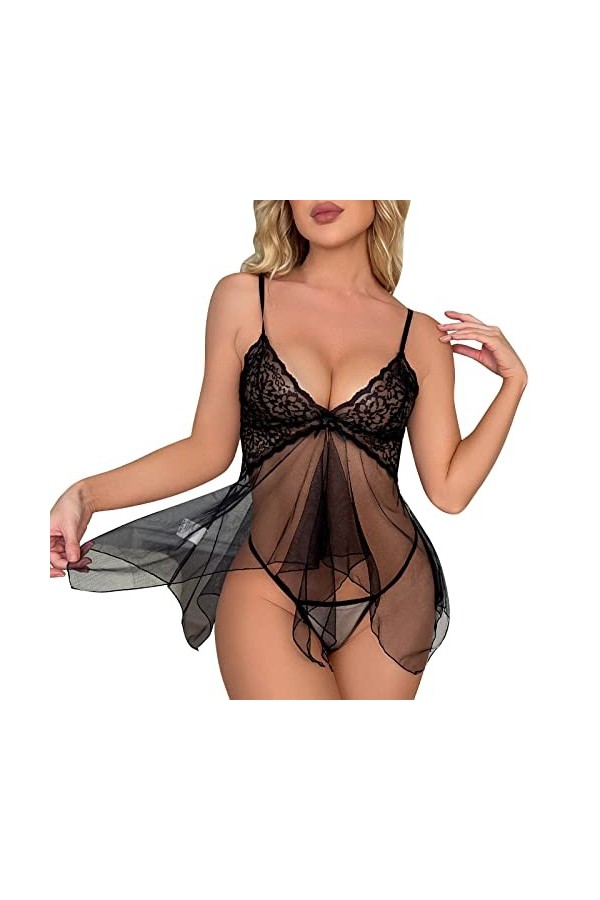 Ghemdilmn Robe sexy en dentelle pour femme - Dos nu - String - Pour robe transparente, Noir , Taille unique