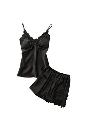 Chemise de nuit en dentelle pour le Nouvel An 2023 - Ensemble de sous-vêtements sexy en satin pour femme, Noir , M