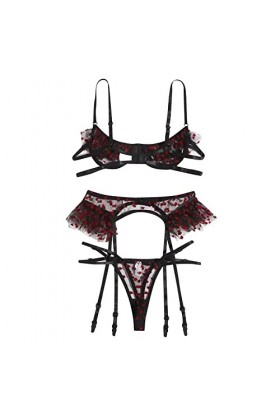 Ensemble de lingerie sexy en dentelle florale transparente avec soutien-gorge et culotte, deux pièces, chemises sexy pour fem