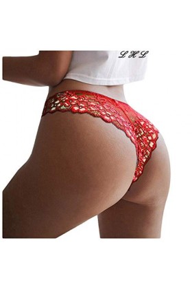 SIGOYI Culotte sexy en dentelle brodée pour femme - Taille basse - String doux et extensible - Sous-vêtements délicats - Roug