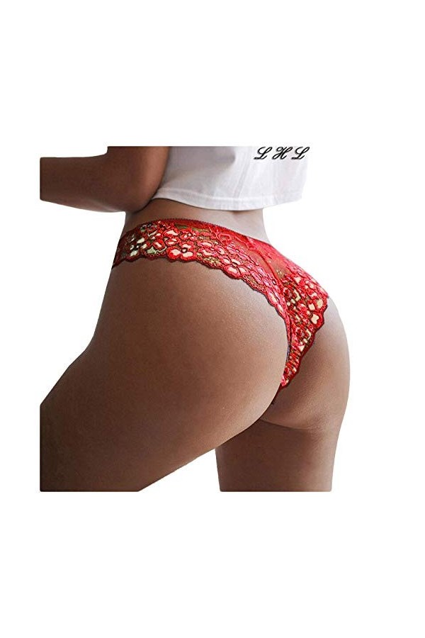 SIGOYI Culotte sexy en dentelle brodée pour femme - Taille basse - String doux et extensible - Sous-vêtements délicats - Roug