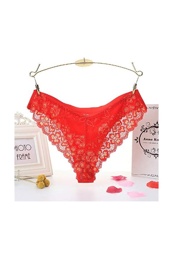 SIGOYI Culotte sexy en dentelle brodée pour femme - Taille basse - String doux et extensible - Sous-vêtements délicats - Roug