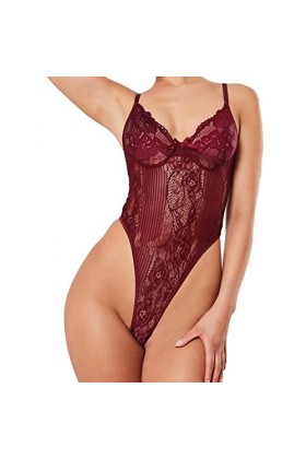 Lingerie sexy en dentelle ajourée pour femme avec porte-jarretelles et bas, bordeaux, M