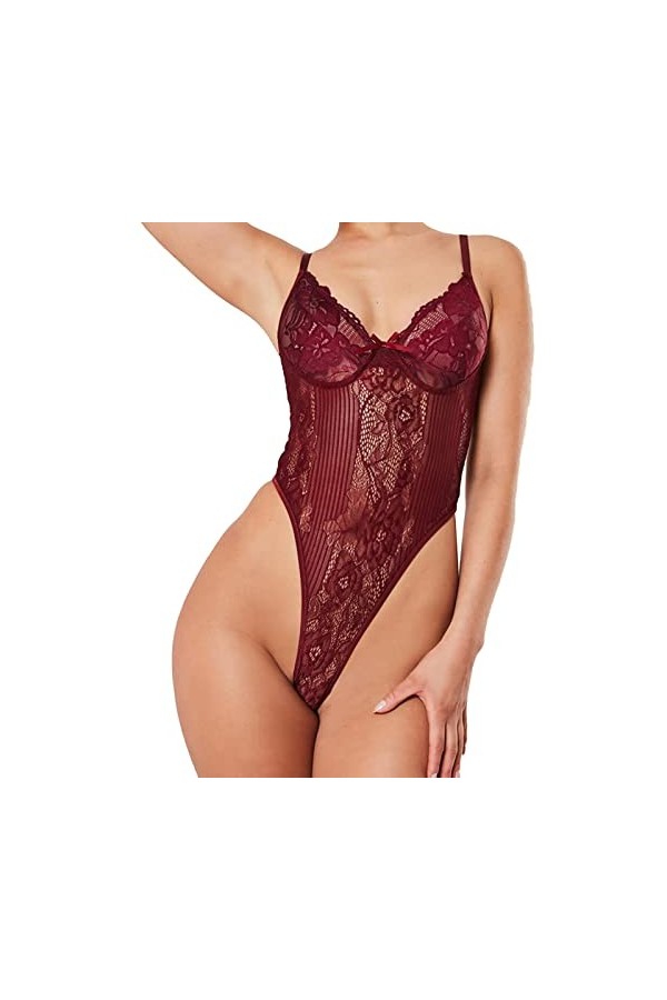 Lingerie sexy en dentelle ajourée pour femme avec porte-jarretelles et bas, bordeaux, M