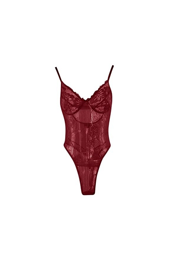 Lingerie sexy en dentelle ajourée pour femme avec porte-jarretelles et bas, bordeaux, M