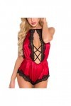 KaloryWee 1 Pieces Combinaison De Pyjama Dentelle Dos Nu Sexy Chic Noël Lingerie Hiver Satin Creux Lacet érotique Cadeau Col 