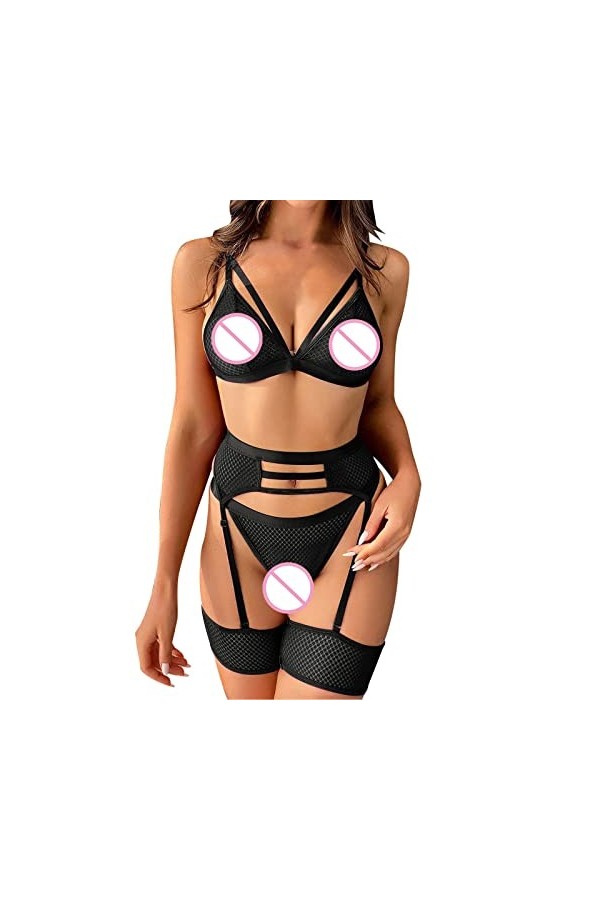 Ensemble de lingerie sexy en maille transparente avec soutien-gorge et culotte pour femme - Taille haute, Noir , L