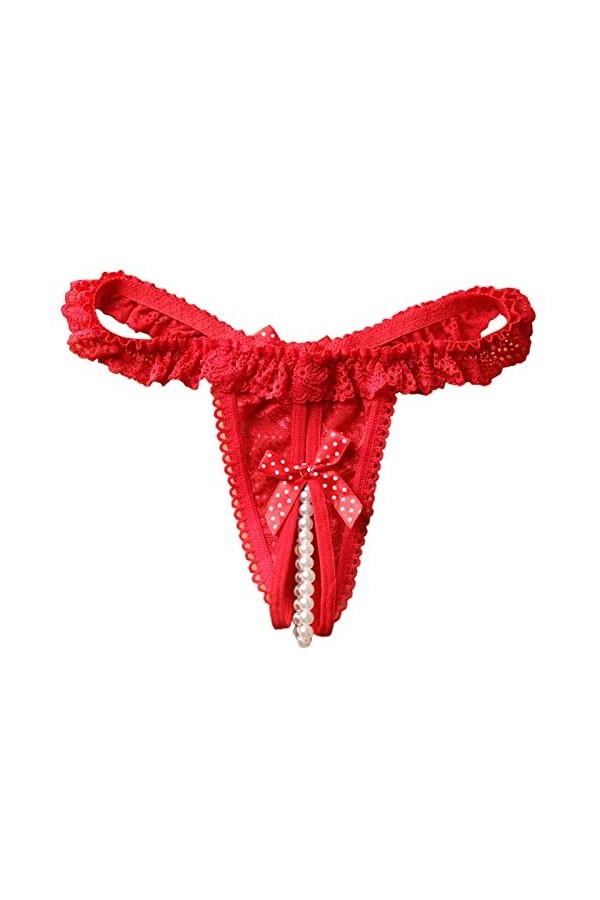 Jiabing Femmes Sexy Culotte Perle Dentelle Strings Brassière Maintien Renforcé Red, One Size 