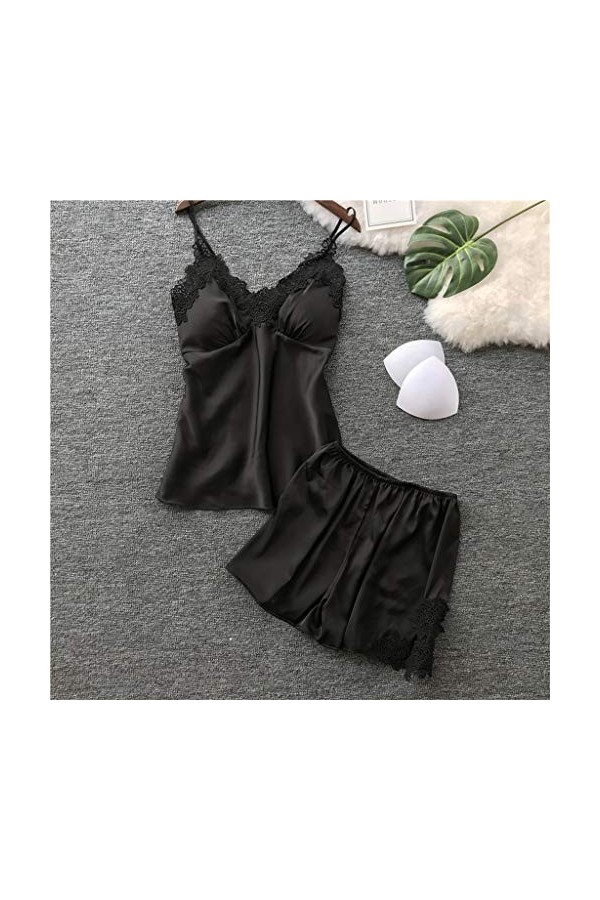 Chemise de nuit en dentelle pour le Nouvel An 2023 - Ensemble de sous-vêtements sexy en satin pour femme, Noir , XXL