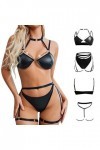 Ensemble de 3 ensembles de lingerie tendance pour femme avec harnais en cuir synthétique et anneau de main relié par une chaî