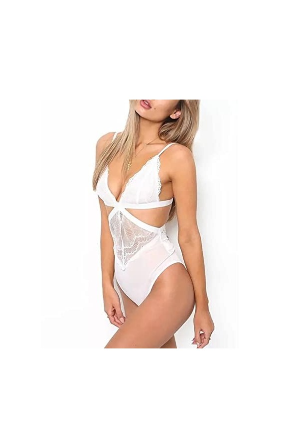 UOWEG Lingerie sexy pour femme avec décolleté en V profond et dentelle florale, blanc, S