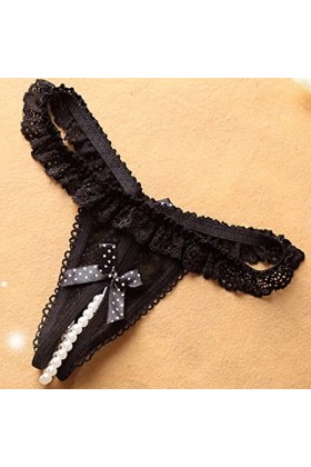 Jiabing Femmes Sexy Culotte Perle Dentelle Strings Brassière Maintien Renforcé Black, One Size 