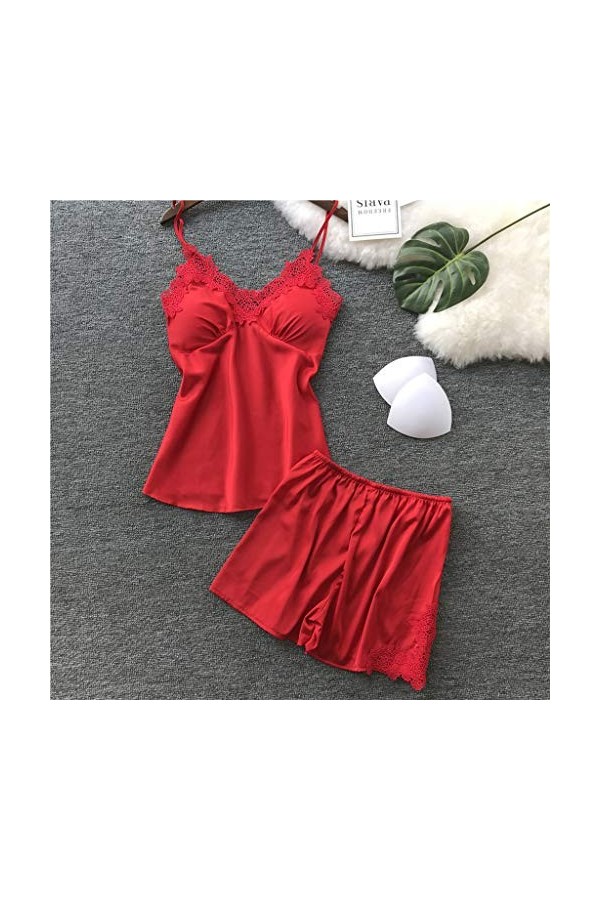 Chemise de nuit en dentelle pour le Nouvel An 2023 - Ensemble de sous-vêtements sexy en satin pour femme, Rouge, M