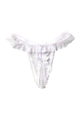 Jiabing Femmes Sexy Culotte Perle Dentelle Strings Brassière Maintien Renforcé White, One Size 