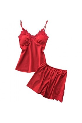 Chemise de nuit en dentelle pour le Nouvel An 2023 - Ensemble de sous-vêtements sexy en satin pour femme, Rouge, S